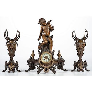 French Spelter Figural Clock Garniture