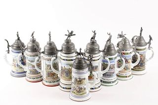 9 German Figural Tankards with Erotic Lithophanes