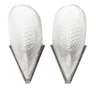 A Pair of Art Deco Molded and Frosted Glass Sconces, Height 11 inches.