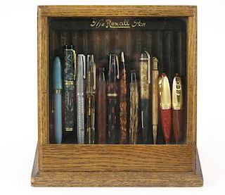 Rexall Display Case + 12 Vintage Pens - Wearever
