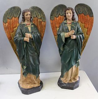 Pair of Antique Painted and Carved Wood Angels.