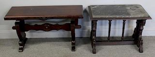 Antique Carved Bench and Marbletop Table.