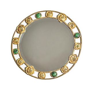 An Art Deco Gilt Metal Jeweled Mirror, Diameter 15 1/2 inches.