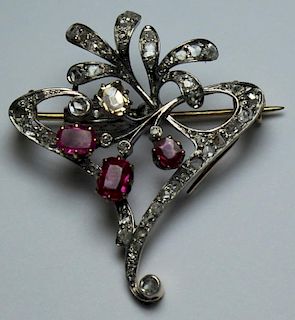 JEWELRY. Antique Diamond, Ruby, and Gold Brooch.