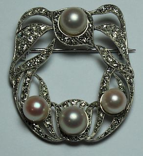 JEWELRY. French Platinum, Diamond and Pearl Brooch
