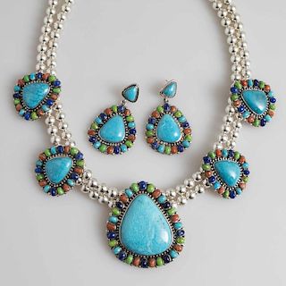Southwest Style Sterling & Turquoise Necklace & Earrings