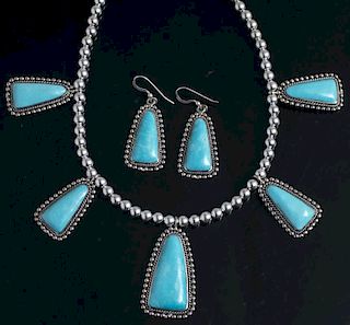 Navajo Style Silver & Turquoise Necklace & Earrings