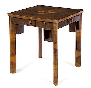 An Art Deco Marquetry Games Table, Height 28 x width 27 1/2 x depth 27 1/2 inches.