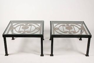 Pair of Black & Red Iron & Glass Side Tables