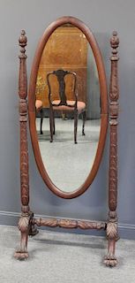 Empire Carved Mahogany Cheval Mirror .