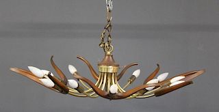 MIDCENTURY. Brass and Wood Chandelier.