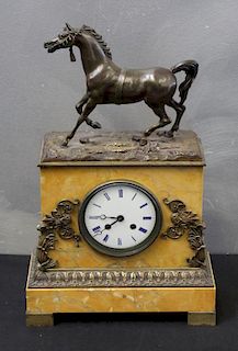 Antique Marble Clock With Bronze Horse Sculpture