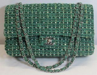 Chanel Green and White Tweed Double Flap Purse.