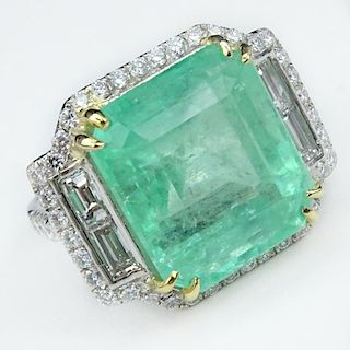 16.27 Carat Colombian Light Green Emerald, Diamond and Platinum Ring.
