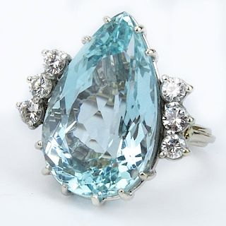 Vintage Pear Shape Aquamarine, Round Brilliant Cut Diamond and 14 Karat White Gold Ring