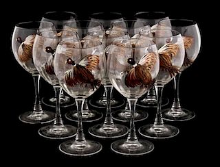 Set of 12 Hand Painted Crystal Goblets, Pheasants