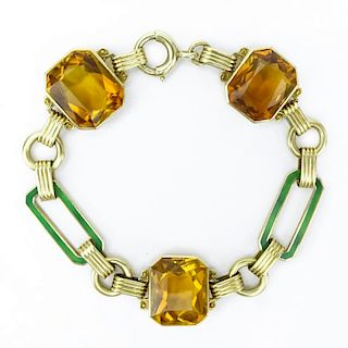Vintage Three (3) Citrine, Enamel and 14 Karat Yellow Gold Bracelet