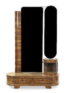 An Art Deco Burl Veneer Vanity, Height 70 x width 46 x depth 15 1/2 inches.