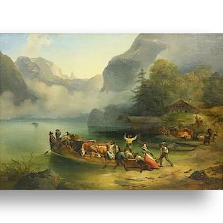 In the manner of: George Caleb Bingham, American (1811-1879) 19th Century Oil on canvas "Crossing The Colorado River"