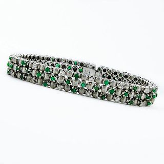 3.0 Carat Round Cut Emerald, 1.25 carat Single Cut Diamond and 18 Karat White Gold Bracelet.