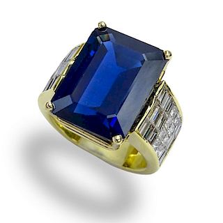 AGL Certified Contemporary  17.25 Carat Emerald Cut Thai Sapphire, Baguette and Square Cut Diamond and 18 Karat Yellow Gold R