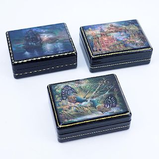 Collection of Three (3) Russian Mother Of Pearl and Lacquer Boxes