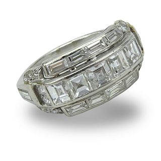 Art Deco Approx. 3.40 Carat Square, Round and Baguette Cut Diamonds and Platinum Wedding Band