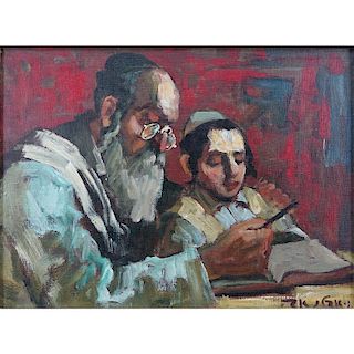 Adolf (Adi) Adler, Israeli (1917 - 1996) Oil on canvas "Rabbi and Student" Signed lower right (Hebrew), remnants of label en 