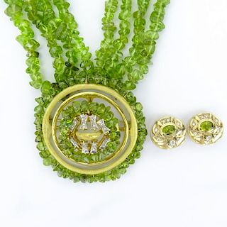 Vintage Peridot, Diamond and Gold Suite Including: Multi Strand Peridot Bead Necklace with 18 Karat Yellow Gold and Diamond P