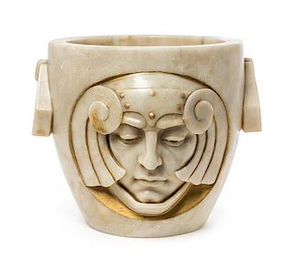 An Art Deco Alabaster Jardiniere, Width over handles 16 inches.