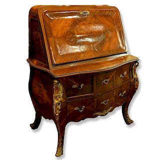Louis XVI Style Gilt Bronze Mounted, Burlwood and Marquetry Inlaid Drop Front Secretaire Desk