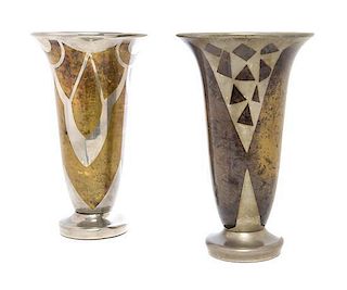 Two French Art Deco Mixed Metal Vases, Jacques Douau, Height 10 1/4 inches.