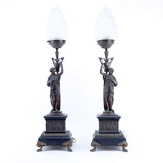 Pair of 19/20th Century Neoclassical Style Figural Lamps with Frosted Glass Shades