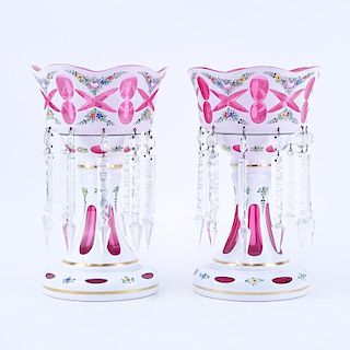 Pair of Bohemian Cut to Cranberry Lusters with Hanging Prisms