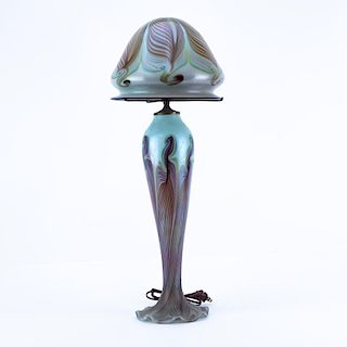Art Nouveau Style Art Glass Pulled Feather Iridescent Lamp with Shade