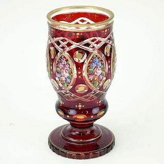 Antique Bohemian Cranberry to Clear and Hand painted Floral Vase