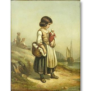 19/20th Century Oil on Canvas of a Young Girl with Basket and Doll in Hand