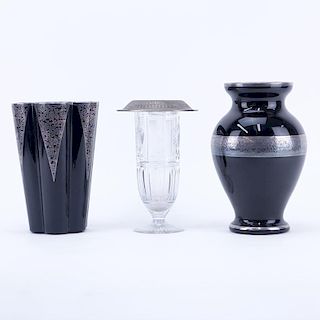Two Silver Overlay and Black Satin Glass Vases along with Etched Glass Footed vase with Sterling Rim