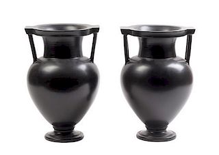 A Pair of Italian Black-Fired Urns Height 12 inches.