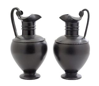 A Pair of Italian Black-Fired Ewers Height 15 1/2 inches.