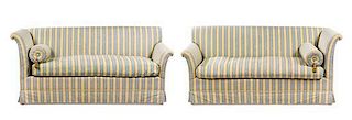 A Pair of Custom Upholstered Sofas Height 31 1/2 x width 69 x depth 30 1/2 inches.