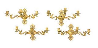 A Set of Four Empire Gilt Bronze Three-Light Wall Lights Height 8 1/2 inches.
