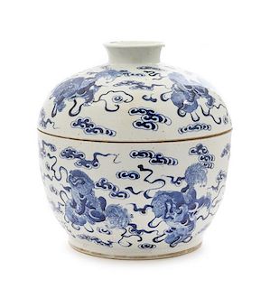 A Chinese Blue and White Porcelain Bowl and Cover Height 12 x diameter 10 1/4 inches.
