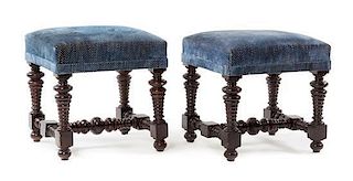 A Pair of Portuguese Baroque Style Walnut Stools Height 17 x width 18 1/2 x depth 17 inches.