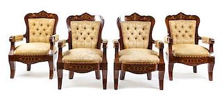 A Set of Four Italian Satinwood Inlaid Mahogany Armchairs Height 36 inches.