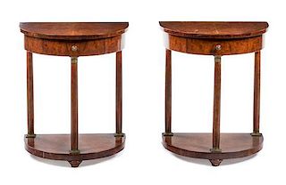 A Pair of Empire Style Burlwood Console Tables Height 26 3/4 x width 22 1/8 x depth 14 1/8 inches.