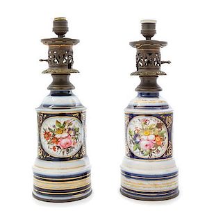 A Pair of Continental Porcelain Fluid Lamps Height of lamp base 15 1/4 inches.