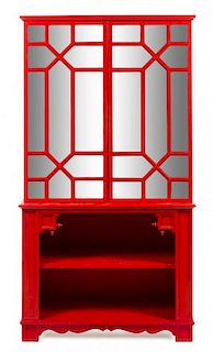 A Custom-Designed Red Painted Bookcase Height 76 x width 41 x depth 18 1/2 inches.