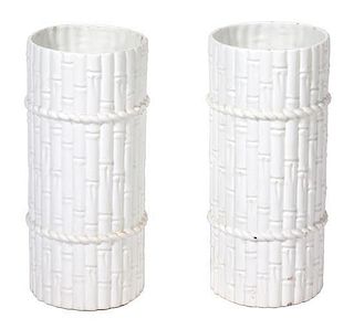 A Pair of Faux-Bamboo Form Ceramic Umbrella Stands Height 19 inches.
