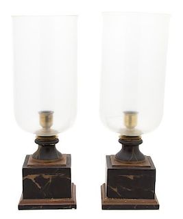 A Pair of Hurricane Lamps on Faux Marbles Bases Height 21 inches.